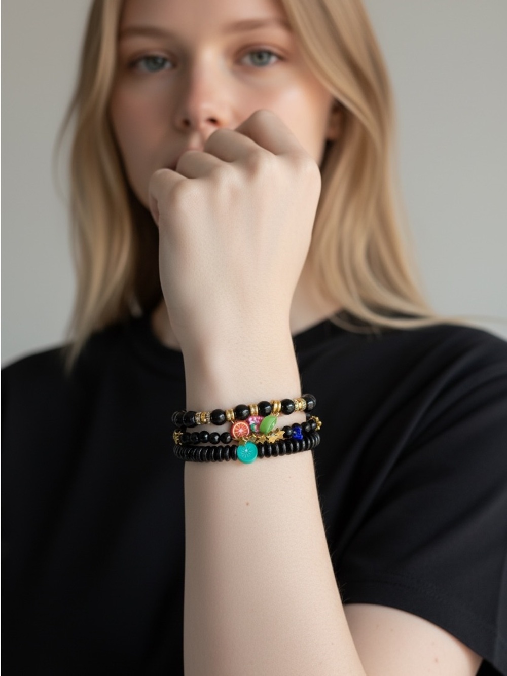 10/11 Stacked Black Bead Charm Bracelet Set - Multicolor Accents